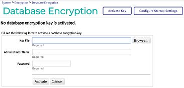 The key activation page requires a key file, an administrator name, and an administrator password.