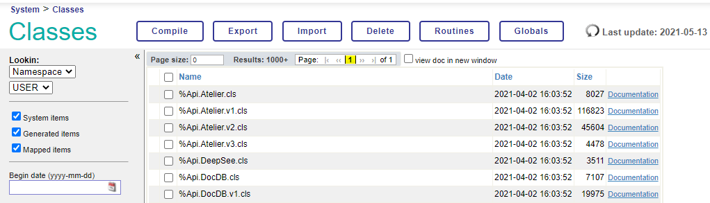 The Management Portal Classes page includes a filter option labeled lookin. In this image, lookin is set to Namespace: USER.
