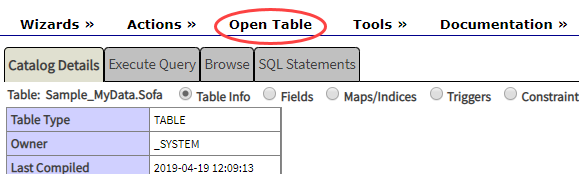 Open table option in the SQL query interface