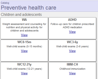The Quality Measure Manager, showing the available measures, including weight assessment, well-child exams, and ADHD care.