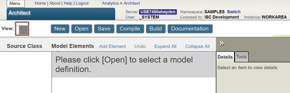 The Architect screen, prompting the user to click the Open button to select a model definition.