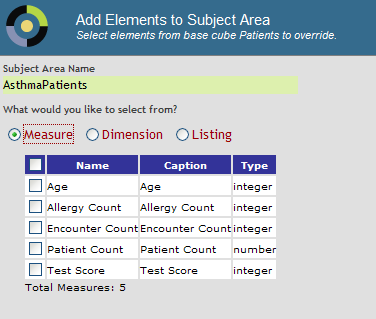 Add Elements to Subject Area dialog box, showing measures, including Age, Allergy Count, and Encounter Count.