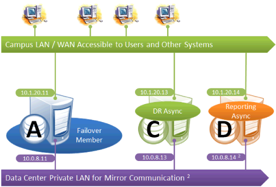 Single failover member, asyncs are on a private LAN for mirror communication, with a campus network for external connections