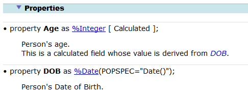 Class Reference excerpt showing that this class has properties called Age (which is an integer) and DOB (which is a date).