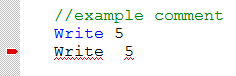 In this code example, there must be exactly one space between the command Write and the argument 5.