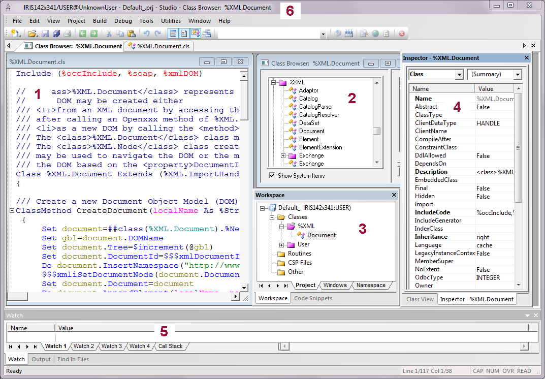 Studio user interface window with component panes labeled 1 through 6. Items in the following list refer to these numbers.