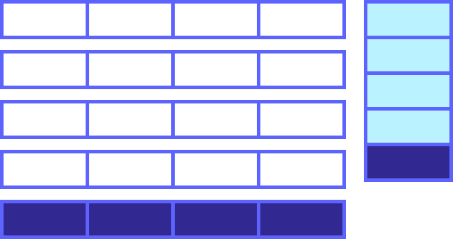 Five 1-by-5 columns in white, the last one in purple, and one 1-by-5 column in blue, the last element in purple.