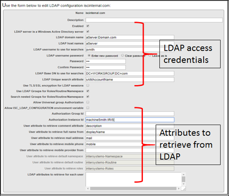 Red bracket and text box identifying the settings related to LDAP access credentials