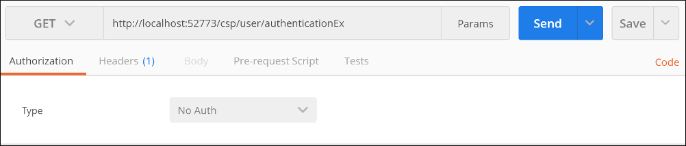 Postman Authorization tab with No Auth selected in the Type drop-down list