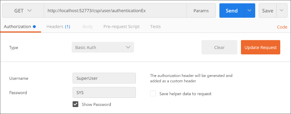 Postman Authorization tab. Basic Auth is selected in the Type drop-down list. Username is SuperUser and Password is SYS