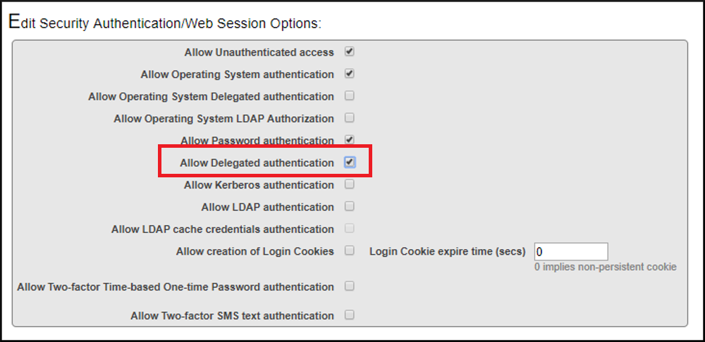 Allow Delegated Authentication setting highlighted with red box