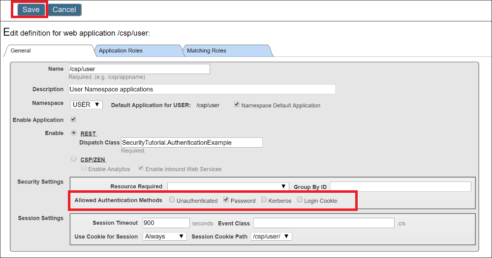 Save button and Allowed Authentication Methods setting highlighted with red boxes