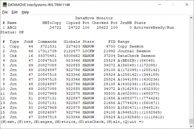 For each job, this display shows the Type, Job#, Commands, Globals, State, PID, and Range.