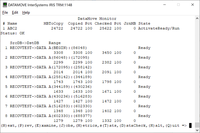 The utility shows which globals each range covers, as well as the current status for the range.