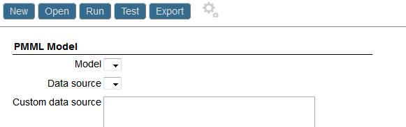 PMML model testing page with Model, Data Source, and Custom Data Source fields