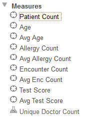 dropdown list titled measures, expanded to show multiple measures and calculated measures