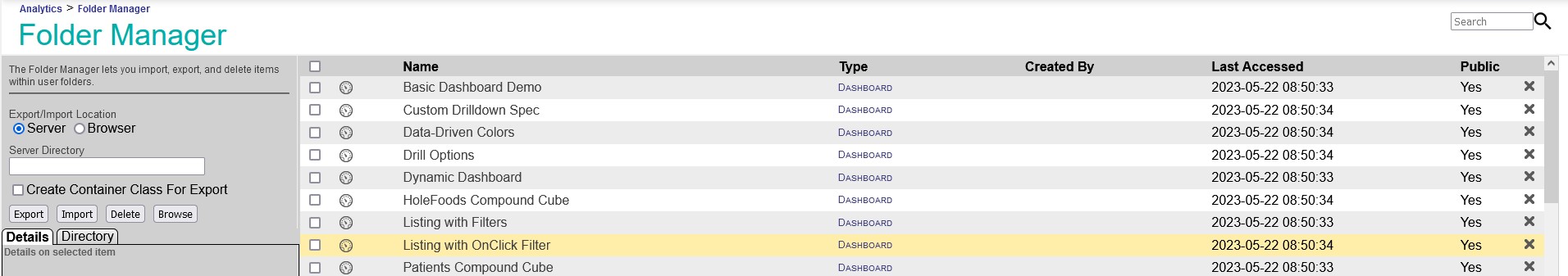 list of BI items with options to export or import