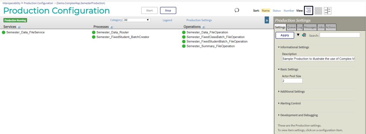 Screen shot of Production Configuration page with a production that routes files