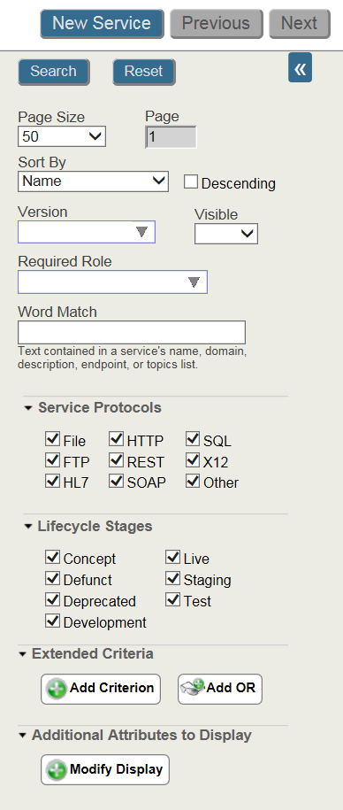 Search pane on Public Service Registry and External Service Registry pages