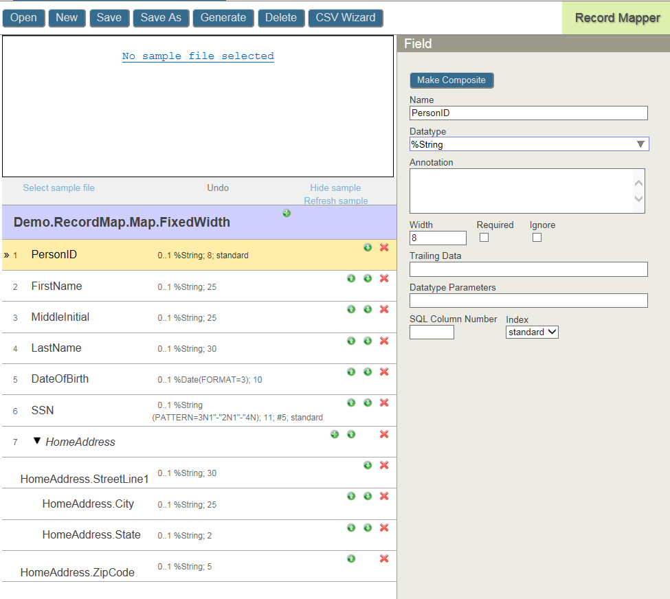 Record Mapper page with the Field pane open