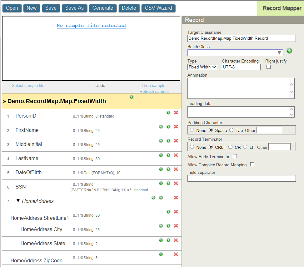 Record Mapper page displaying a record map for fixed-width files