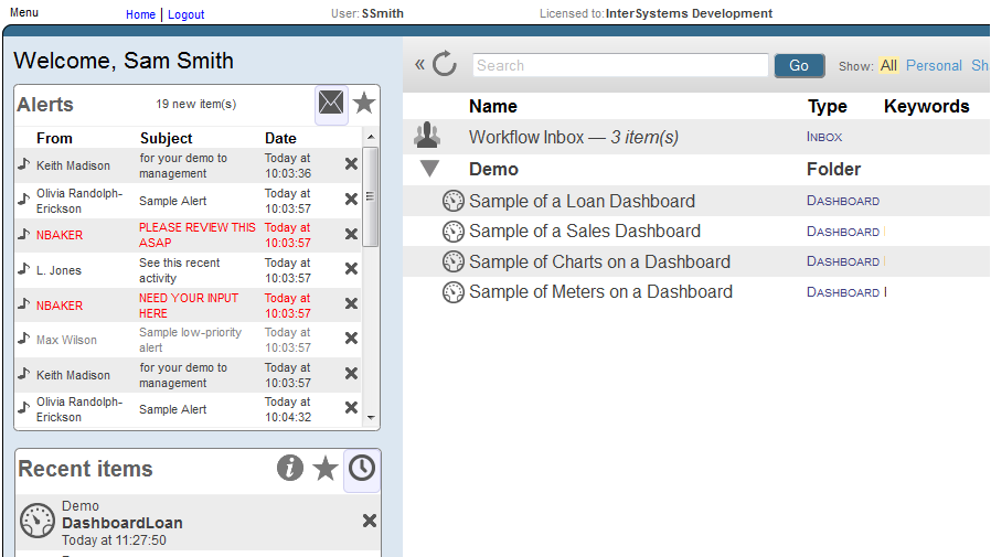 InterSystems User Portal for a user named Sam Smith, who has multiple pending alerts