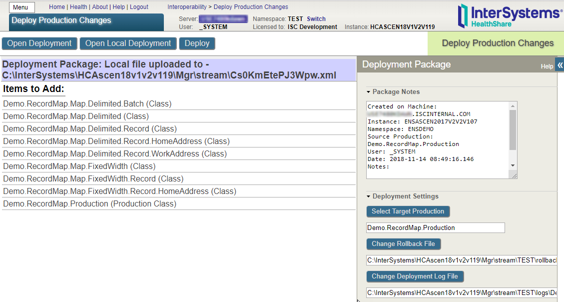 Deploy Production Changes page with listing the items to include in a deployment package and other package details