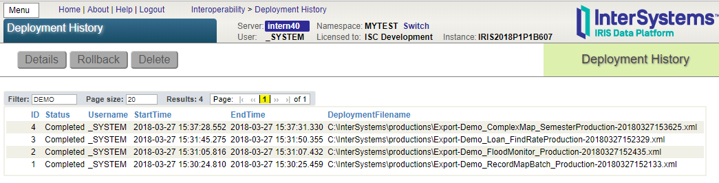 Deployment History page showing the status and details of four previous deployments