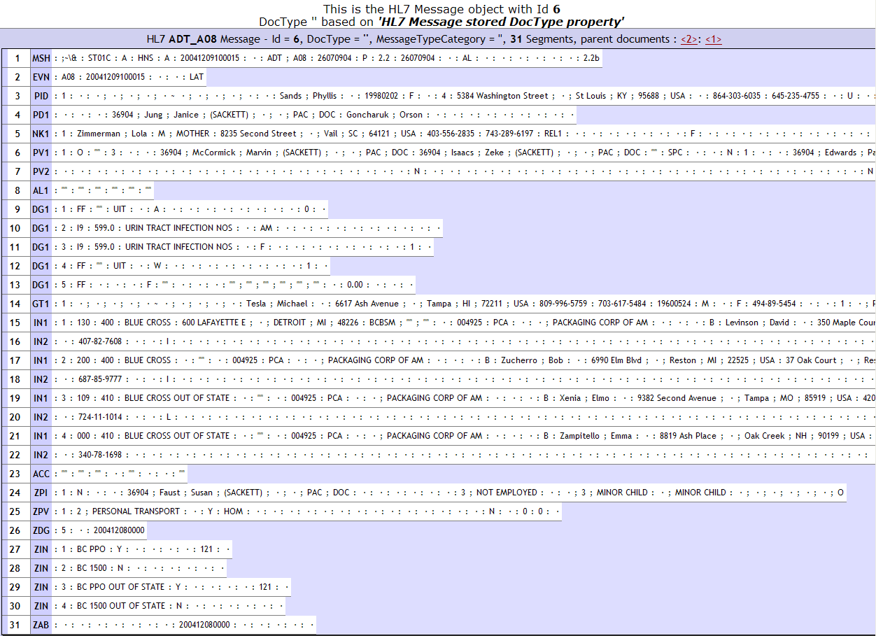 Details of an ADT_A08 message including its segments