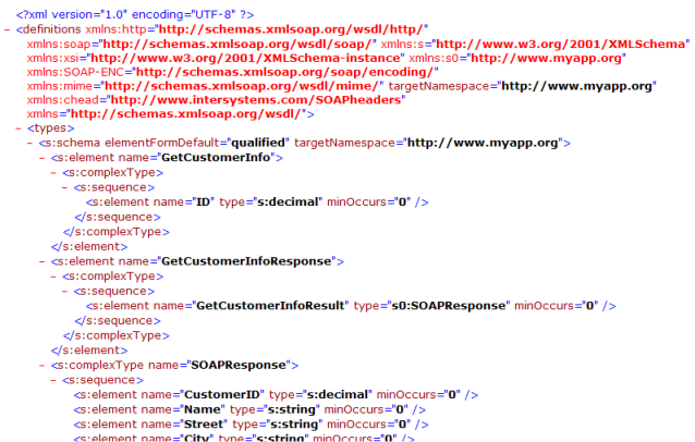 file  listing showing XML WSDL definition for a sample GetCustomerInfo method