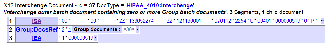 ASC X12 Document Viewer page showing the highest level structure for a HIPAA_4010:Interchange document