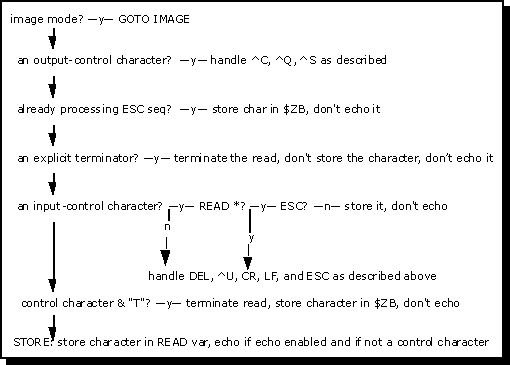 flowchart: output ctrl char? processing ESC seq? explicit terminator? input ctrl char? control char and 'T'? Store in