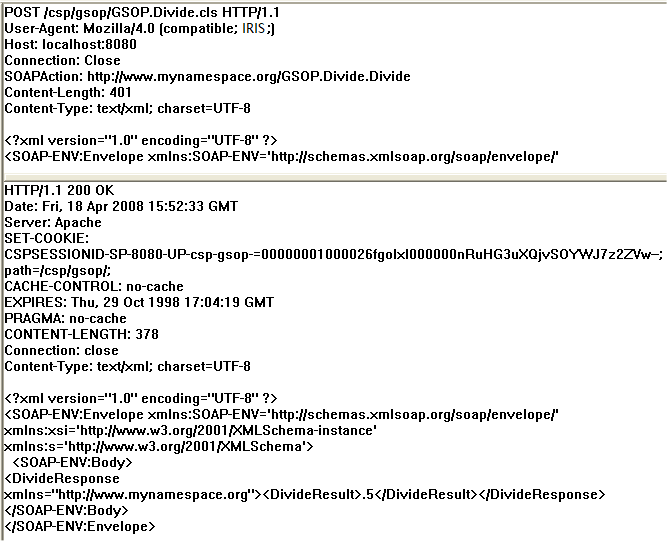 Trace of each message that include details like host, SOAPAction, date, and Content-type