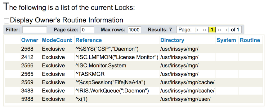 Lock Table showing an exclusive lock on global ^x(1)