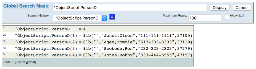 ObjectScript.PersonD global showing the data for 4 persons