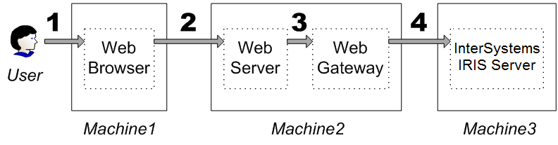 Browser on machine 1 connects to web server and Web Gateway on machine 2 which connects to InterSystems IRIS on machine 3.