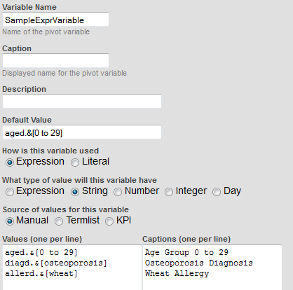 sample shows variable name, default value, allowed values & their captions