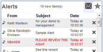 The Alerts worklist, showing the first 3 of 19 items and the From, Subject, and Date columns for each row.