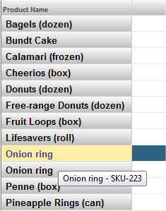 The Product Name column of a pivot table, showing the tooltip for Onion Ring, which also includes the SKU number.