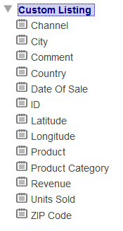 Custom Listing folder in the Analyzer, expanded to show several fields, including Channel, City, Comment, and Country.