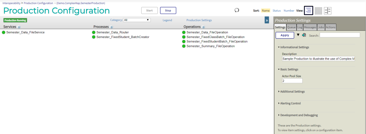 Screen shot of the Production Configuration page that shows a production that routes files