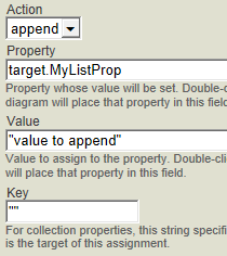 The action is append for target.MyListProp, the Value field is value to append, and the Key field is a pair of quotes.