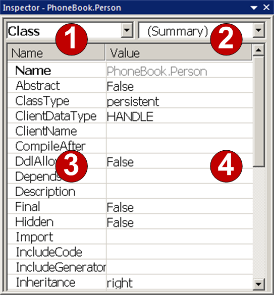 User interface components of the Class Inspector labeled 1 through 4. Items in the following list refer to these numbers.