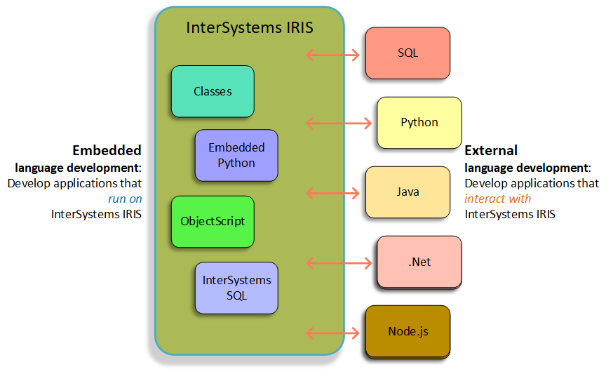 Embedded development applications run on InterSystems IRIS, external development applications interact with InterSystems IRIS