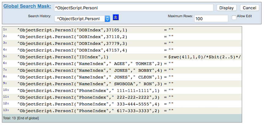 ObjectScript.PersonI global showing 4 persons in the DOB, Name, and Phone indexes, and in a bitmap index